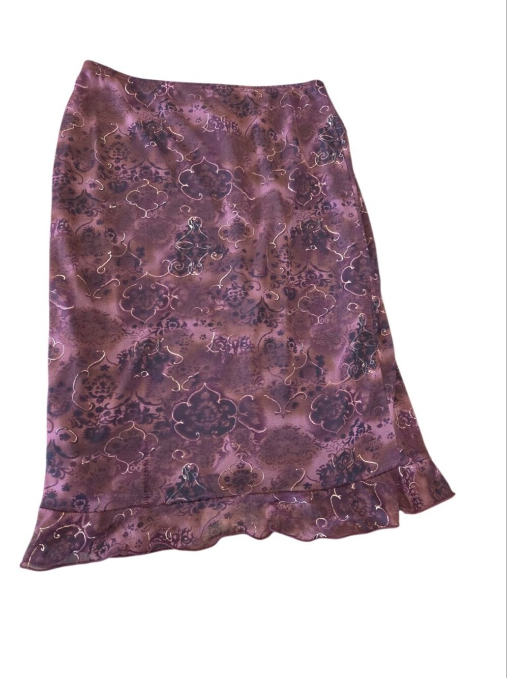 Burgandy Print Skirt with Ruffle Hem